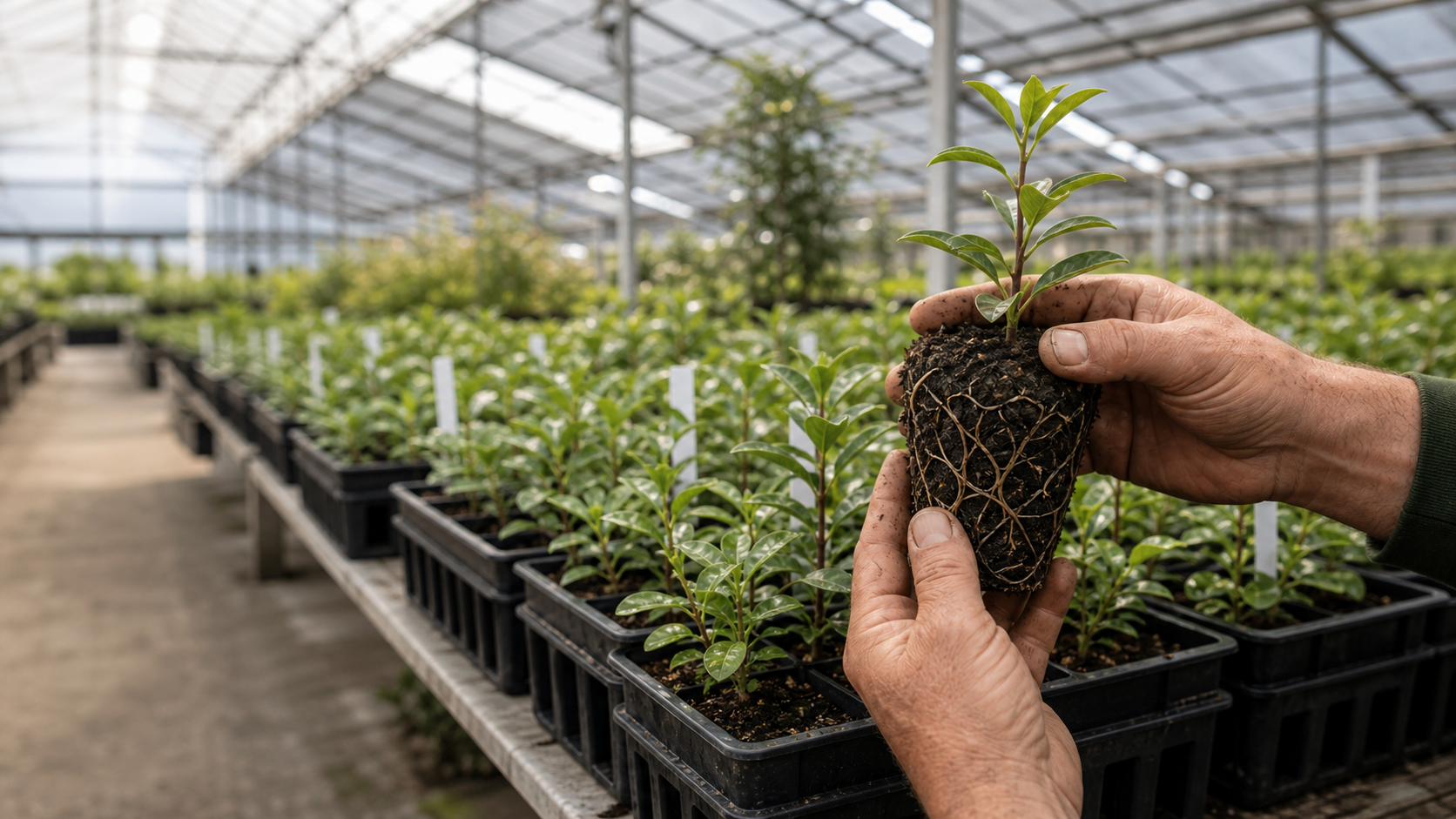 A grower lifting a healthy plant plug with strong white roots in the nursery shade-house