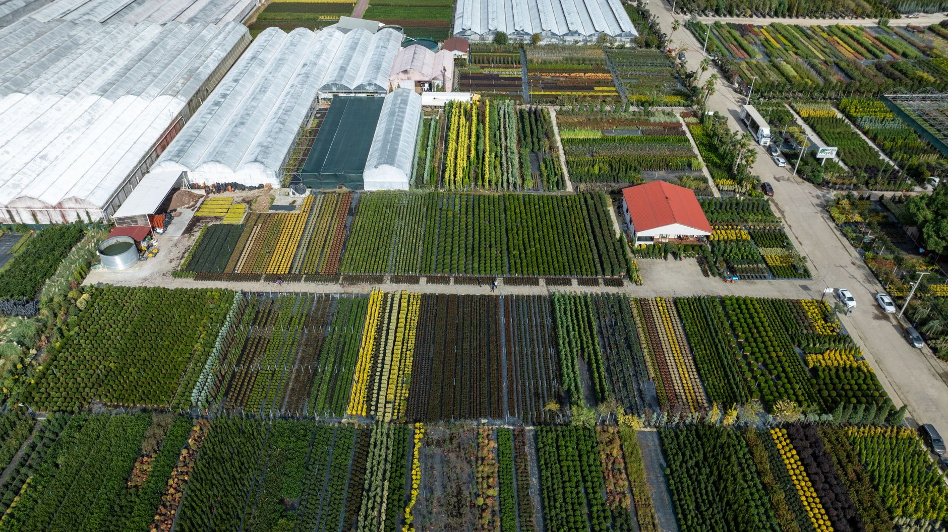 Aerial view of the nursery growing houses, ready to supply projects